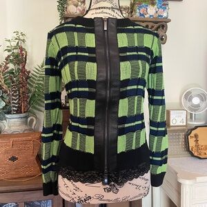 green plaid real leather trim jacket
